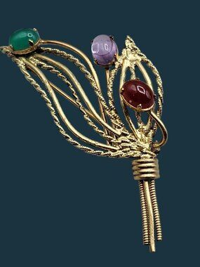 VTG Wells Sterling Silver 14K GF Scarab Leaf Brooch Mid Century Egyptian Revival